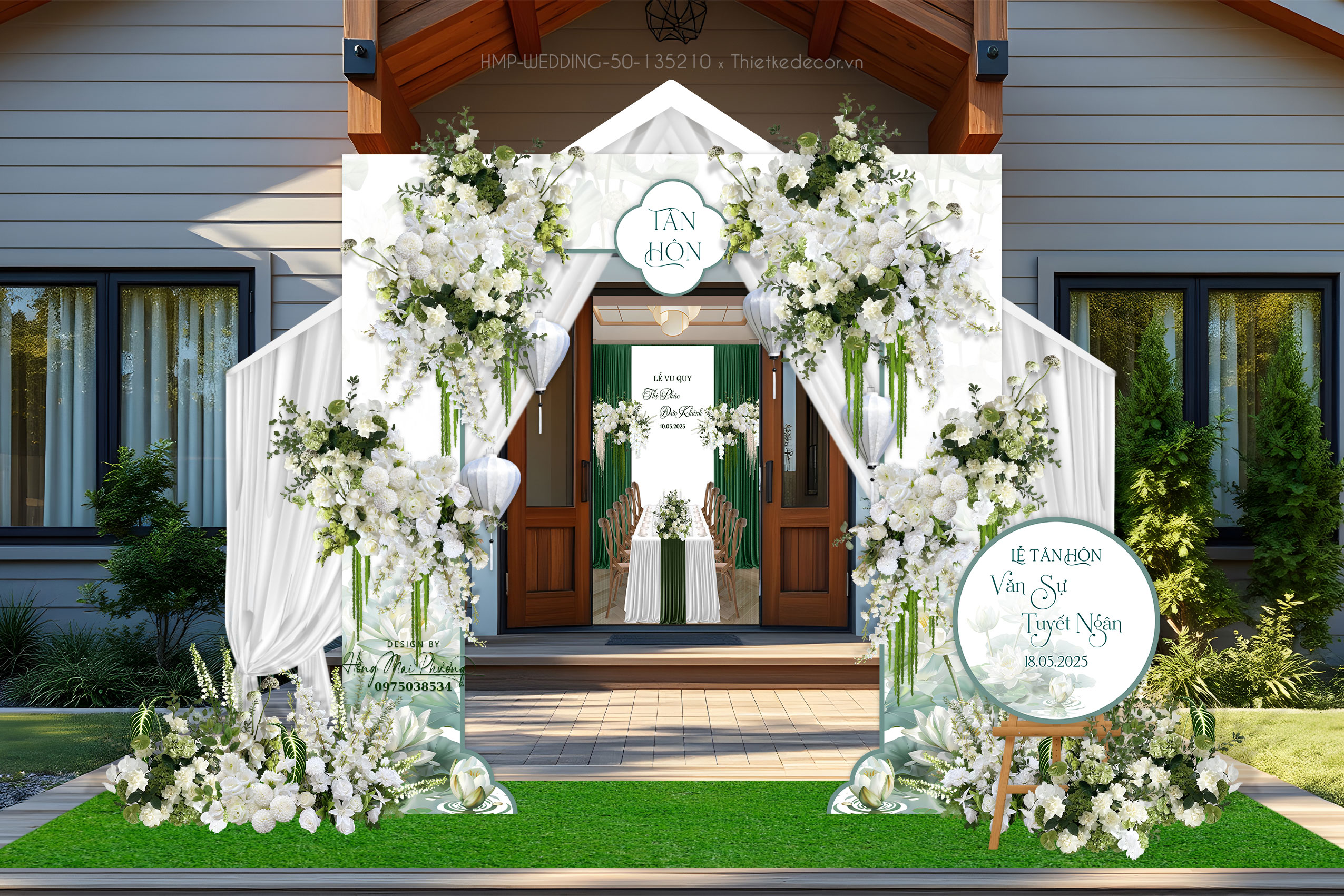 Cổng cưới họa tiết hoa sen tone trắng- xanh lá kèm bảng Welcome tròn